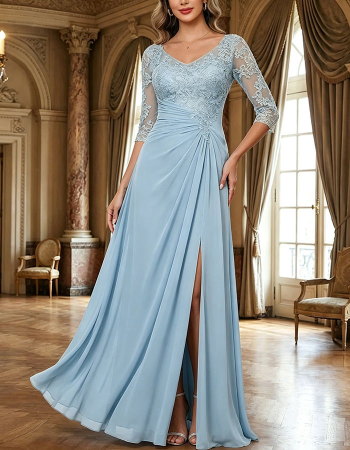 Vestido largo de gasa con escote en V, mangas de encaje de 3/4, cintura fruncida y abertura alta