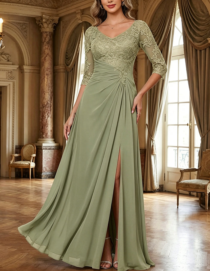 Vestido largo de gasa con escote en V, mangas de encaje de 3/4, cintura fruncida y abertura alta