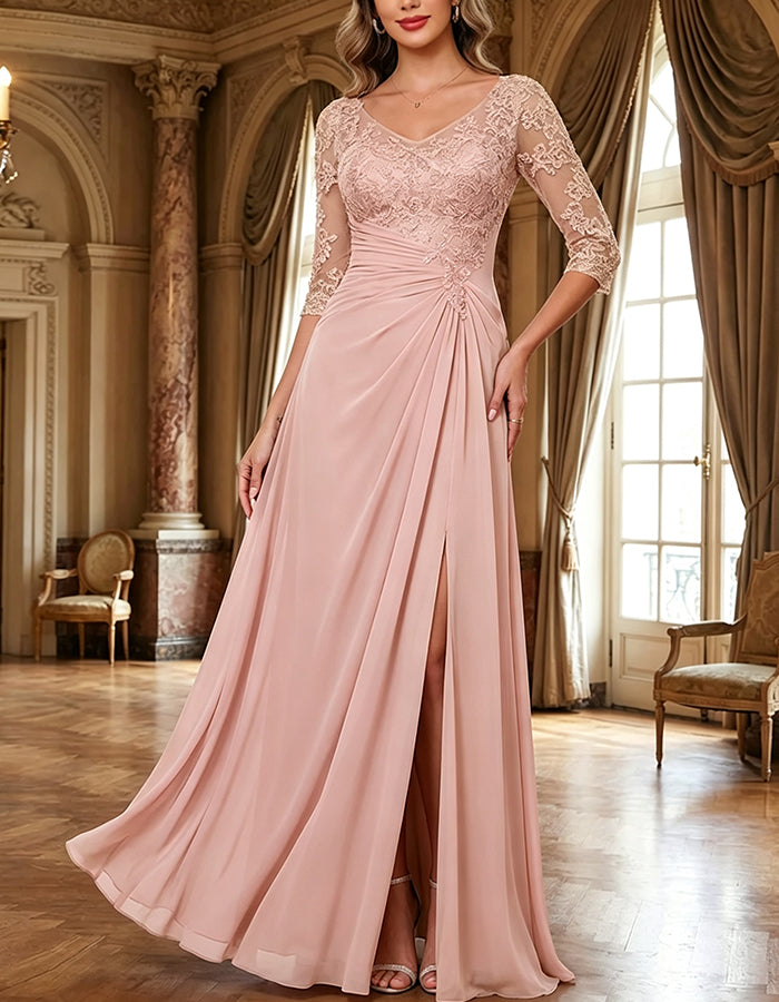 Vestido largo de gasa con escote en V, mangas de encaje de 3/4, cintura fruncida y abertura alta