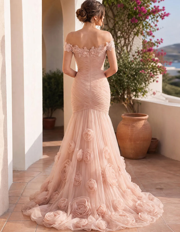 Sirène en tulle floral 3D froncé en dentelle, épaules dénudées