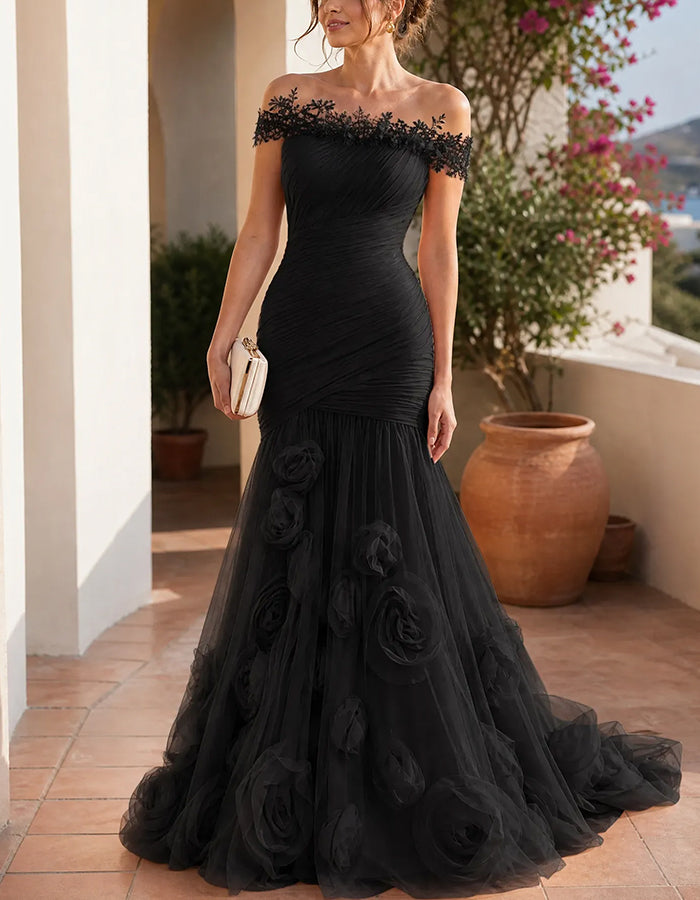 Vestido sirena de tul floral 3D fruncido de encaje con hombros descubiertos