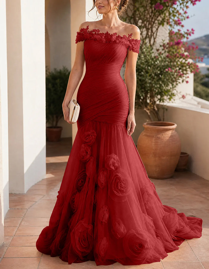 Vestido sirena de tul floral 3D fruncido de encaje con hombros descubiertos