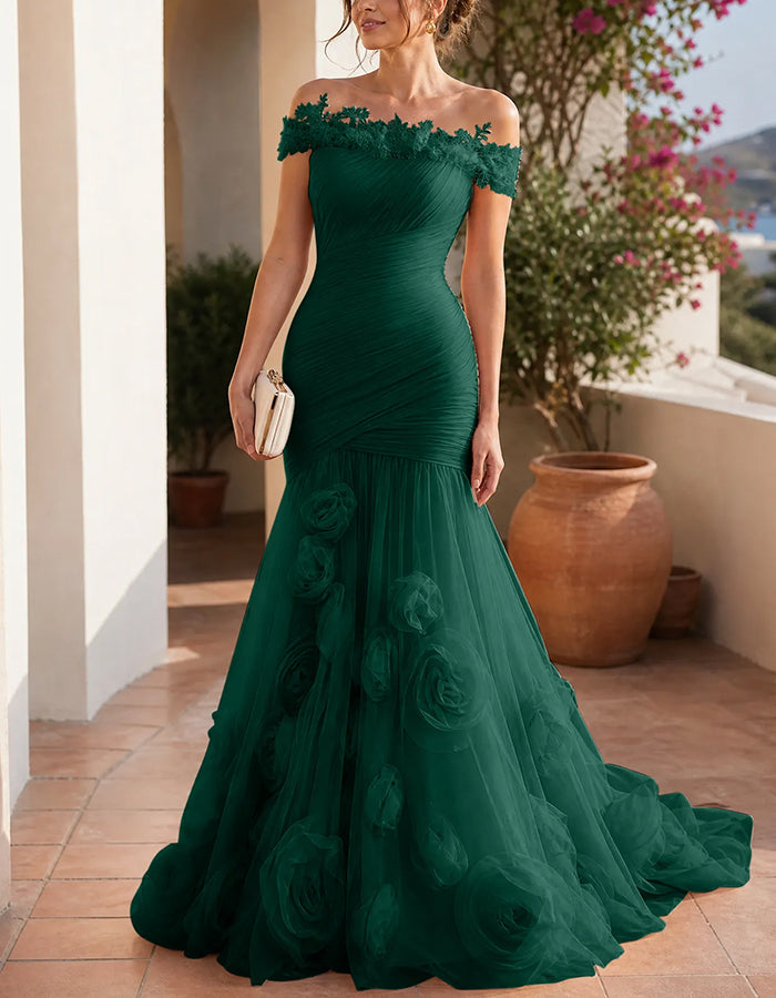 Vestido sirena de tul floral 3D fruncido de encaje con hombros descubiertos