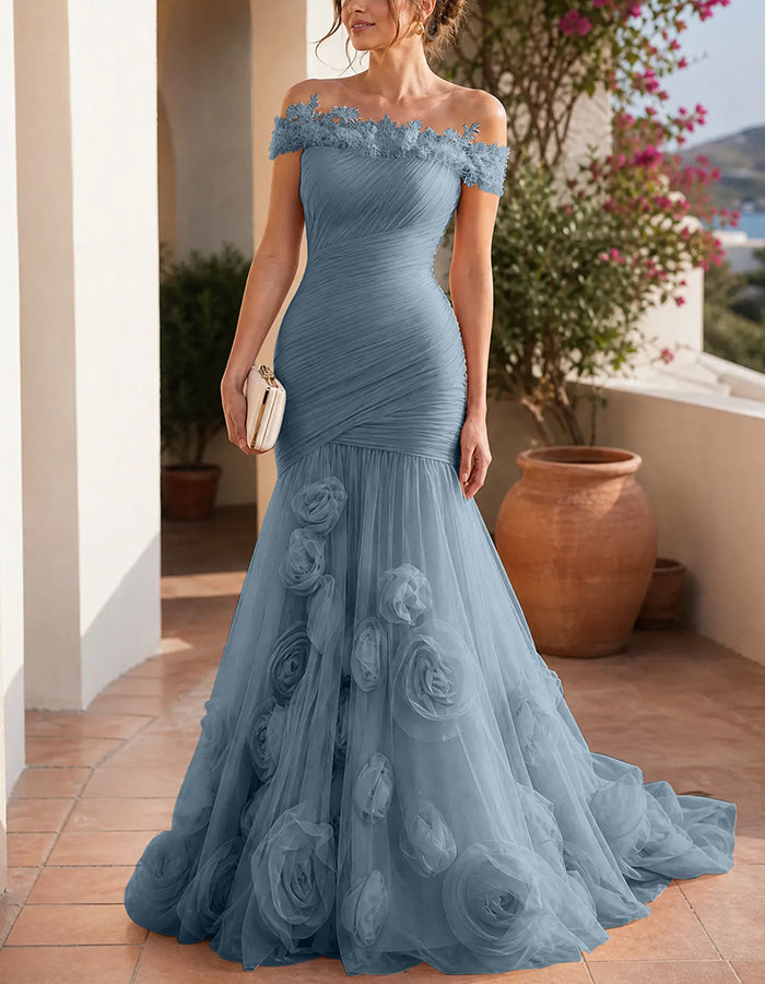 Vestido sirena de tul floral 3D fruncido de encaje con hombros descubiertos