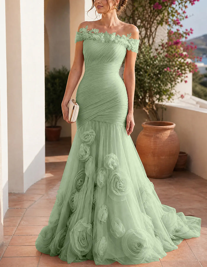 Vestido sirena de tul floral 3D fruncido de encaje con hombros descubiertos