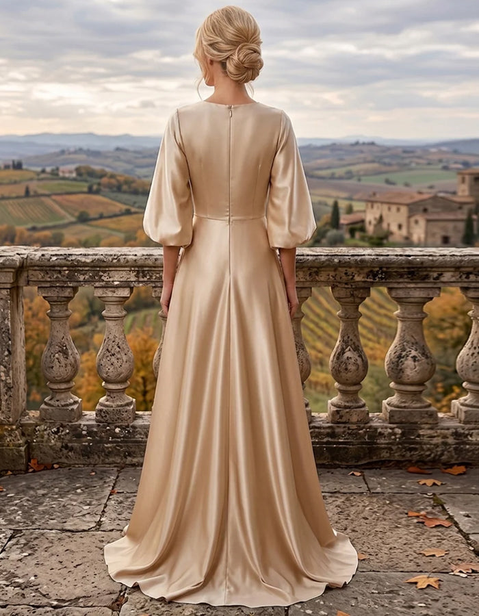 Rochie maxi lungă din satin champagne, cu decolteu rotund