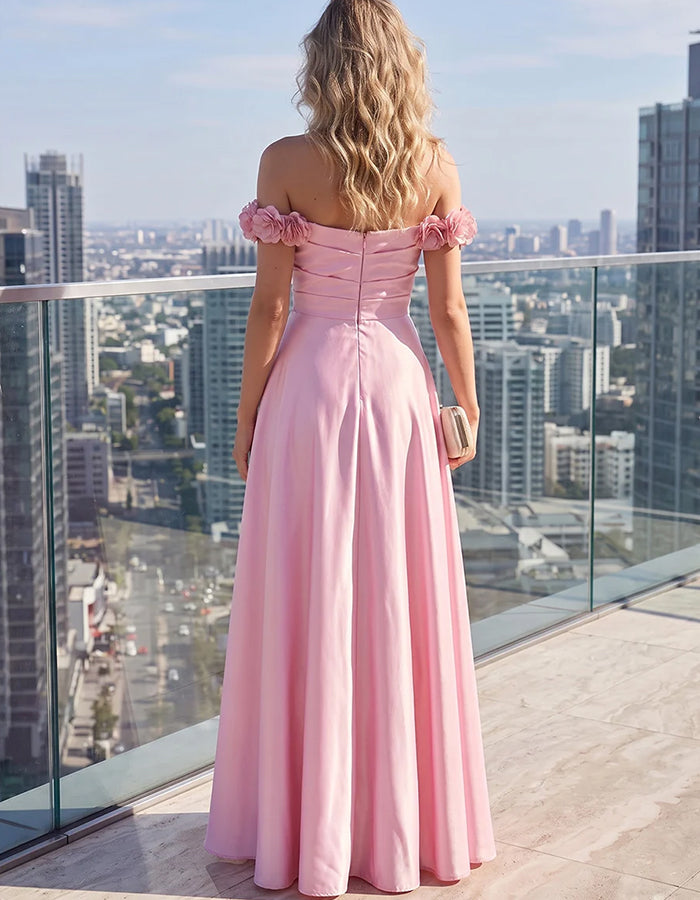 Off‑The‑Shoulder 3D Rose Floral Draped Wrap Satin Maxi Dress