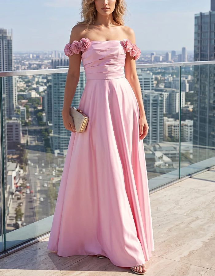 Off‑The‑Shoulder 3D Rose Floral Draped Wrap Satin Maxi Dress