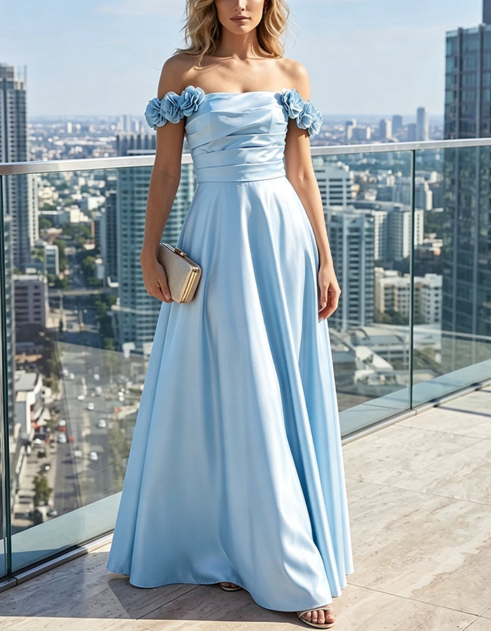 Off‑The‑Shoulder 3D Rose Floral Draped Wrap Satin Maxi Dress