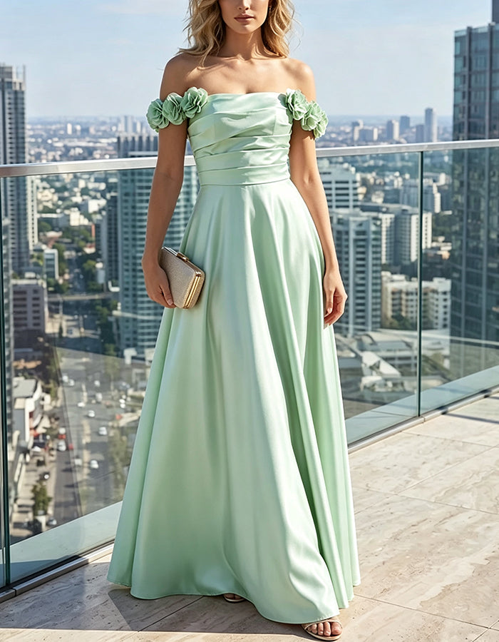 Off‑The‑Shoulder 3D Rose Floral Draped Wrap Satin Maxi Dress