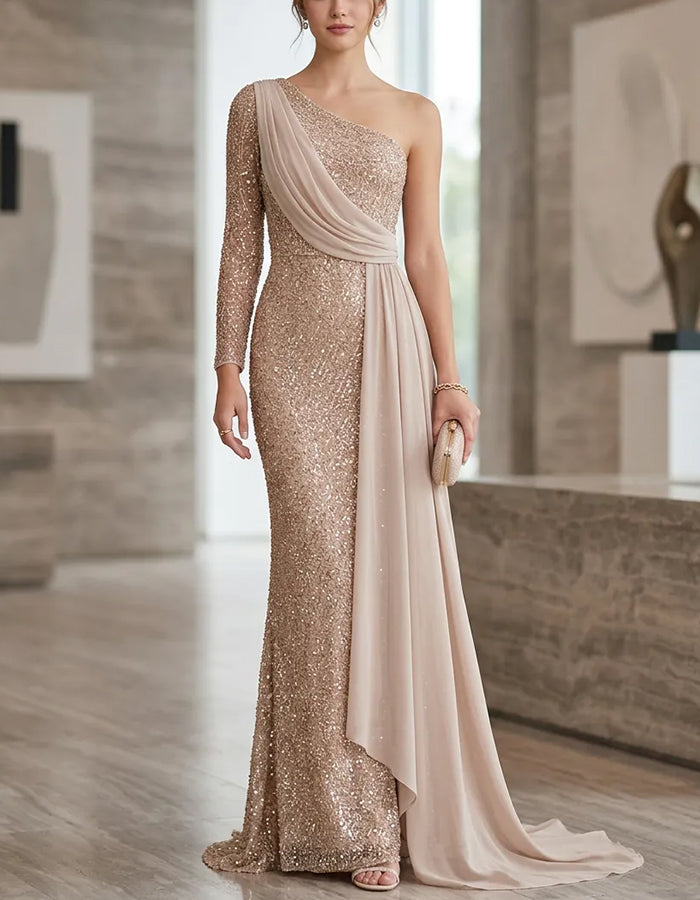 Robe longue champagne à sequins, asymétrique à une épaule, à manches longues et drapé en mousseline