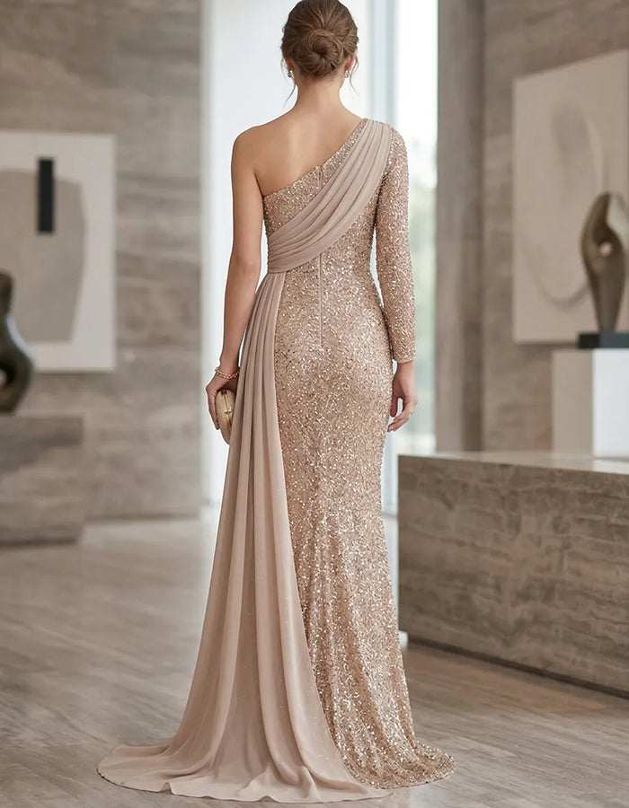 Champagne Sequin One‑Shoulder Long Sleeve Draped Chiffon Sash Maxi Dress