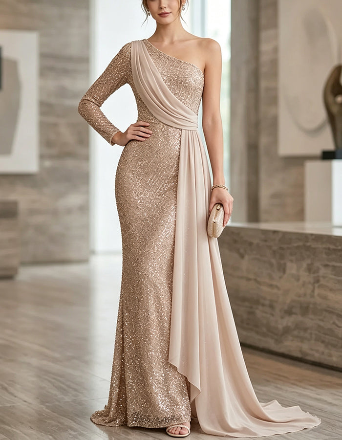 Robe longue champagne à sequins, asymétrique à une épaule, à manches longues et drapé en mousseline