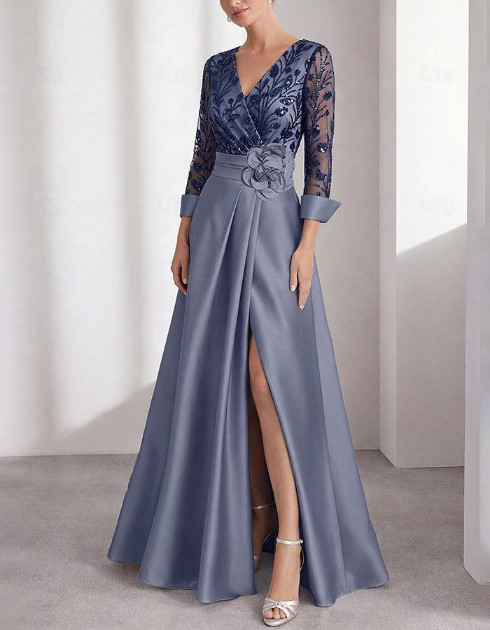 Maxikleid in Champagnergold mit V-Ausschnitt, langen Ärmeln, Pailletten-Spitze und Satin, A-Linie