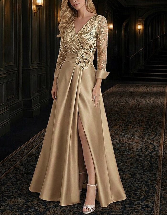 Maxikleid in Champagnergold mit V-Ausschnitt, langen Ärmeln, Pailletten-Spitze und Satin, A-Linie