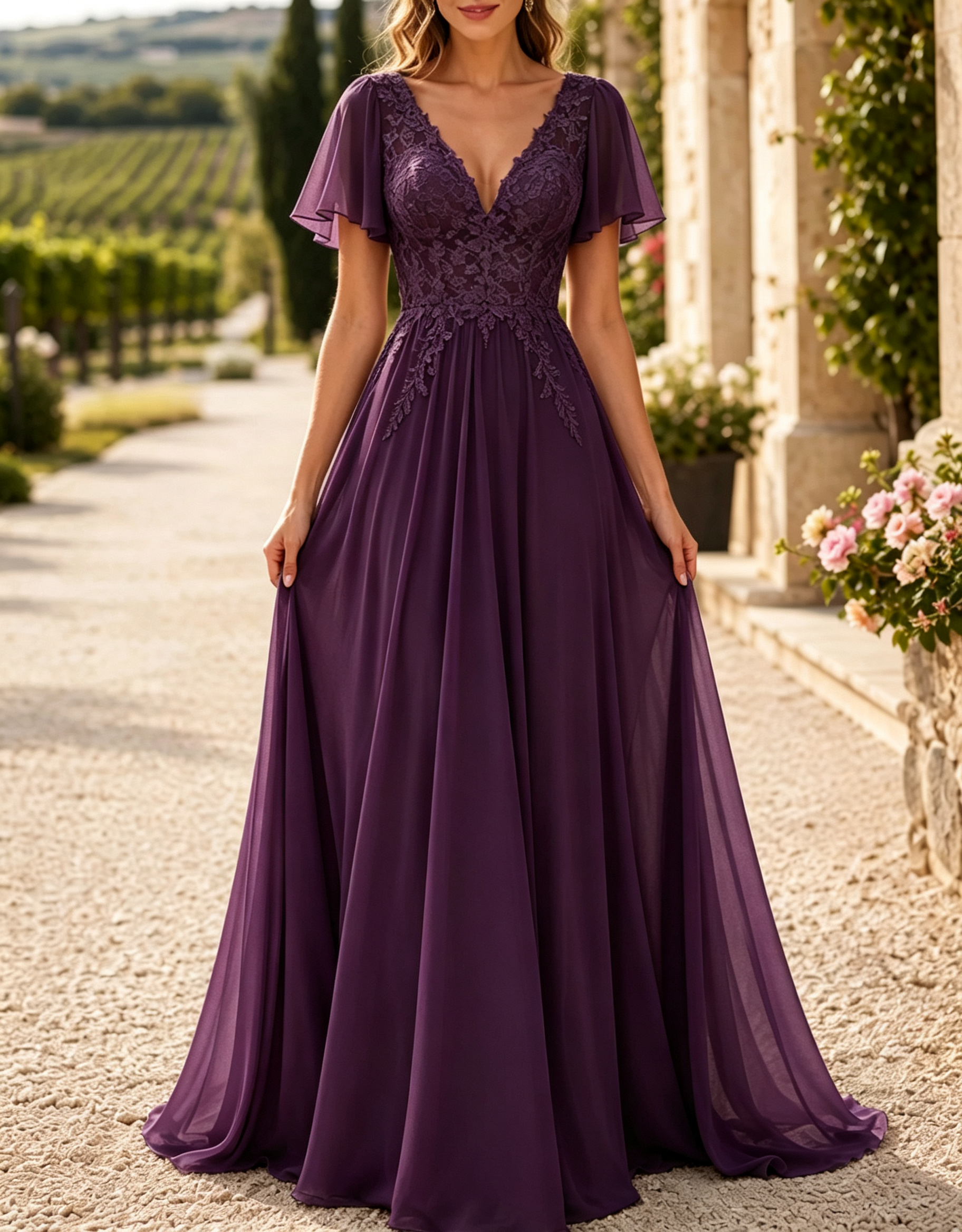 Rochie maxi de seară în linie A, din șifon cu dantelă brodată și decolteu în V