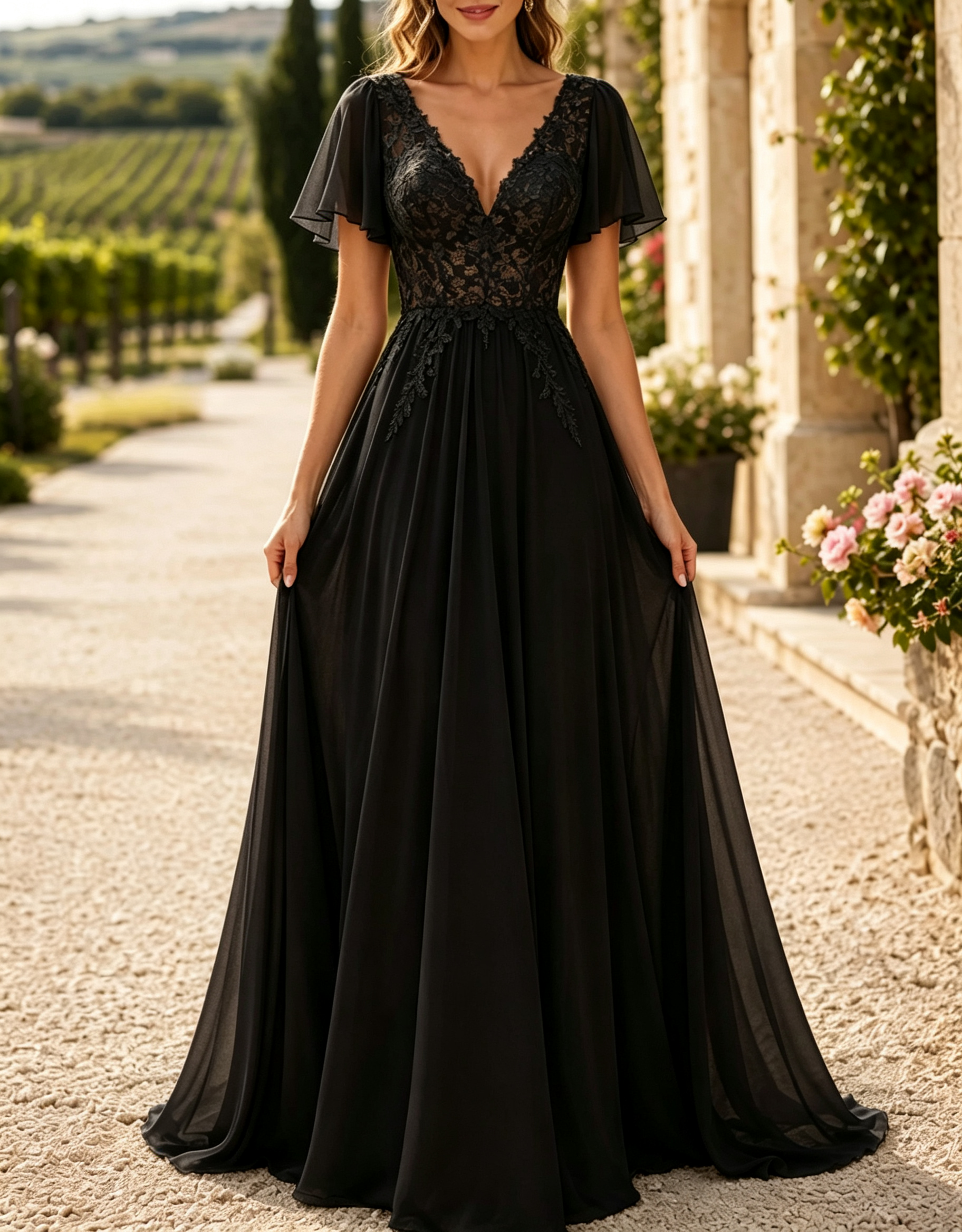 Rochie maxi de seară în linie A, din șifon cu dantelă brodată și decolteu în V