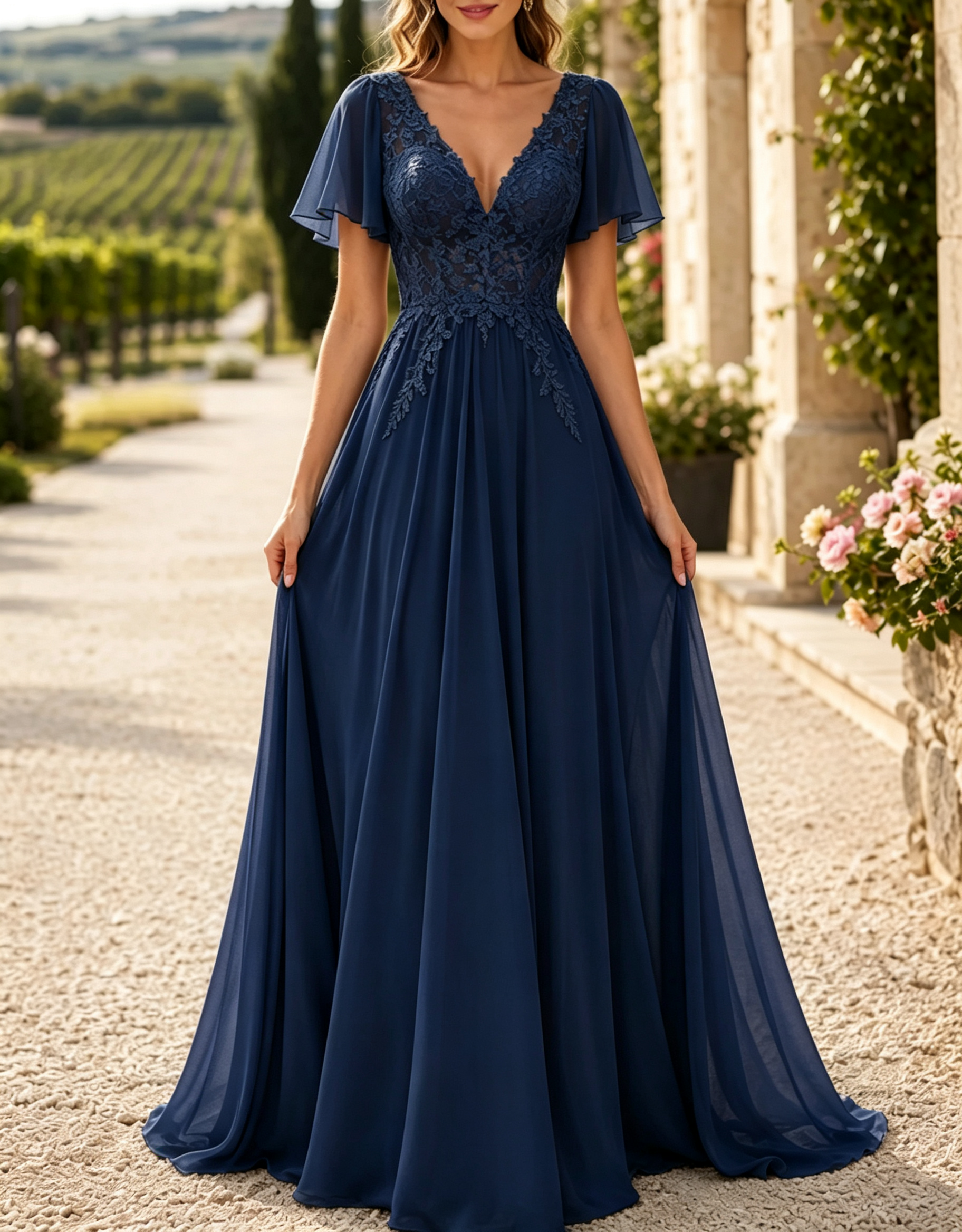 Rochie maxi de seară în linie A, din șifon cu dantelă brodată și decolteu în V