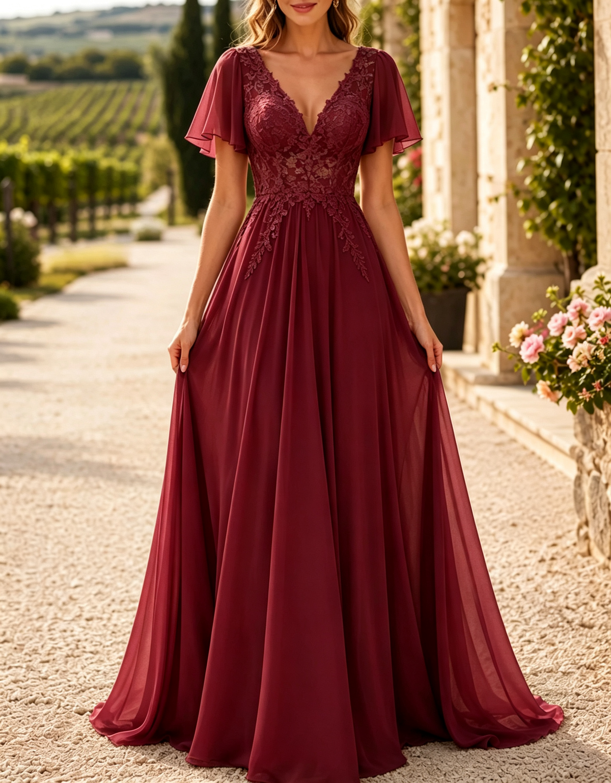 Rochie maxi de seară în linie A, din șifon cu dantelă brodată și decolteu în V