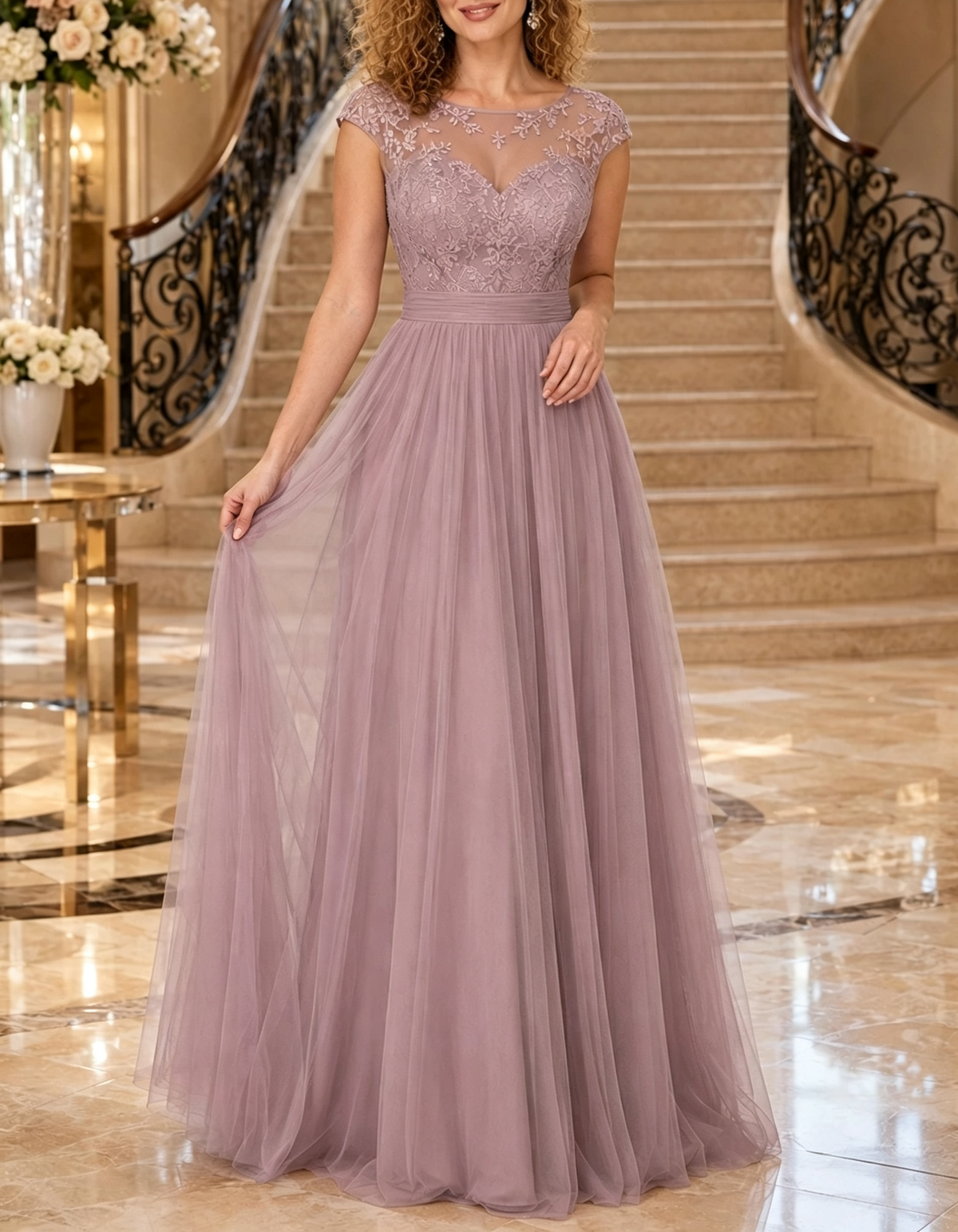 Abend-Maxikleid in A-Linie mit Rundhalsausschnitt, Spitzenstickerei und Tüllbund