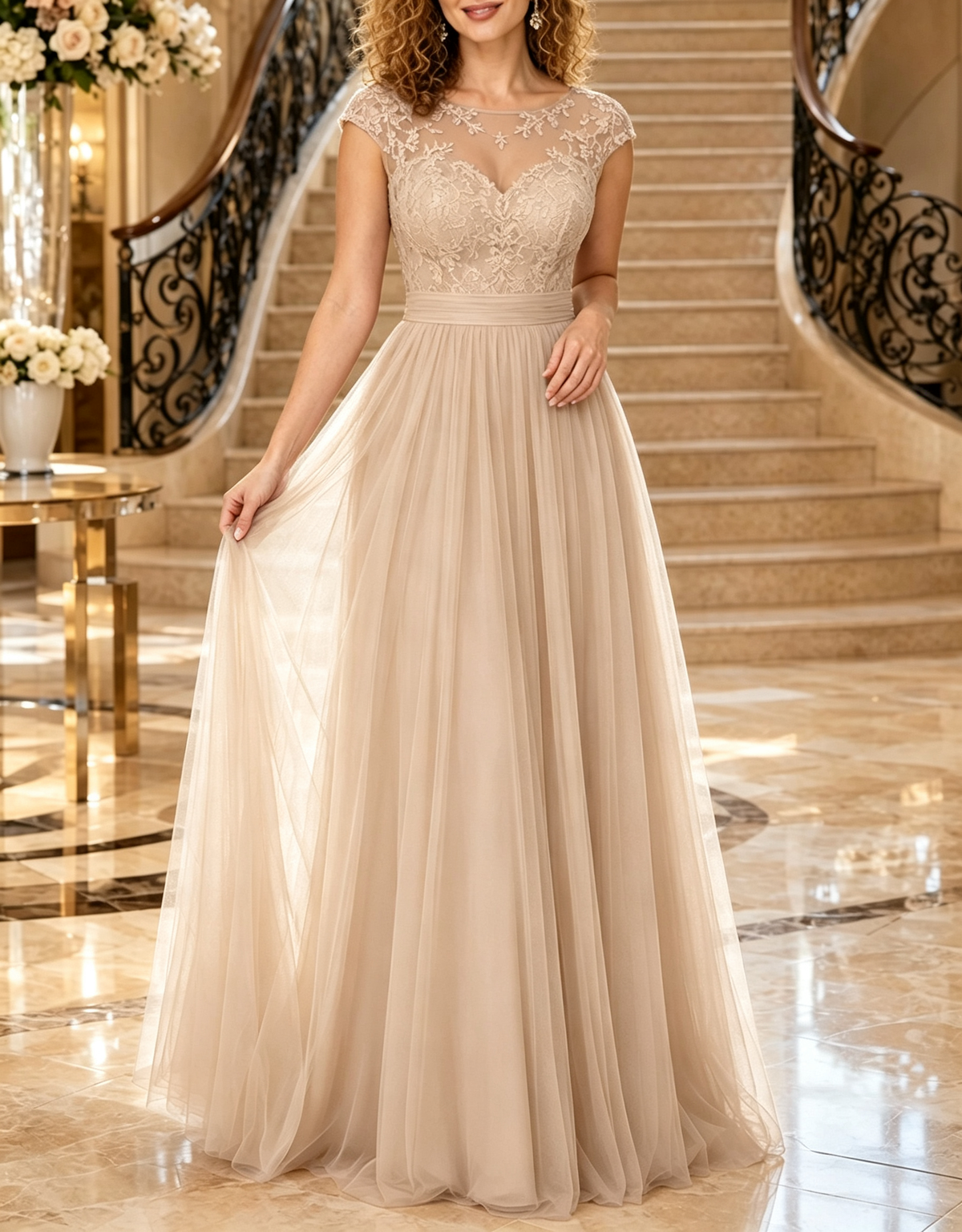 Abend-Maxikleid in A-Linie mit Rundhalsausschnitt, Spitzenstickerei und Tüllbund