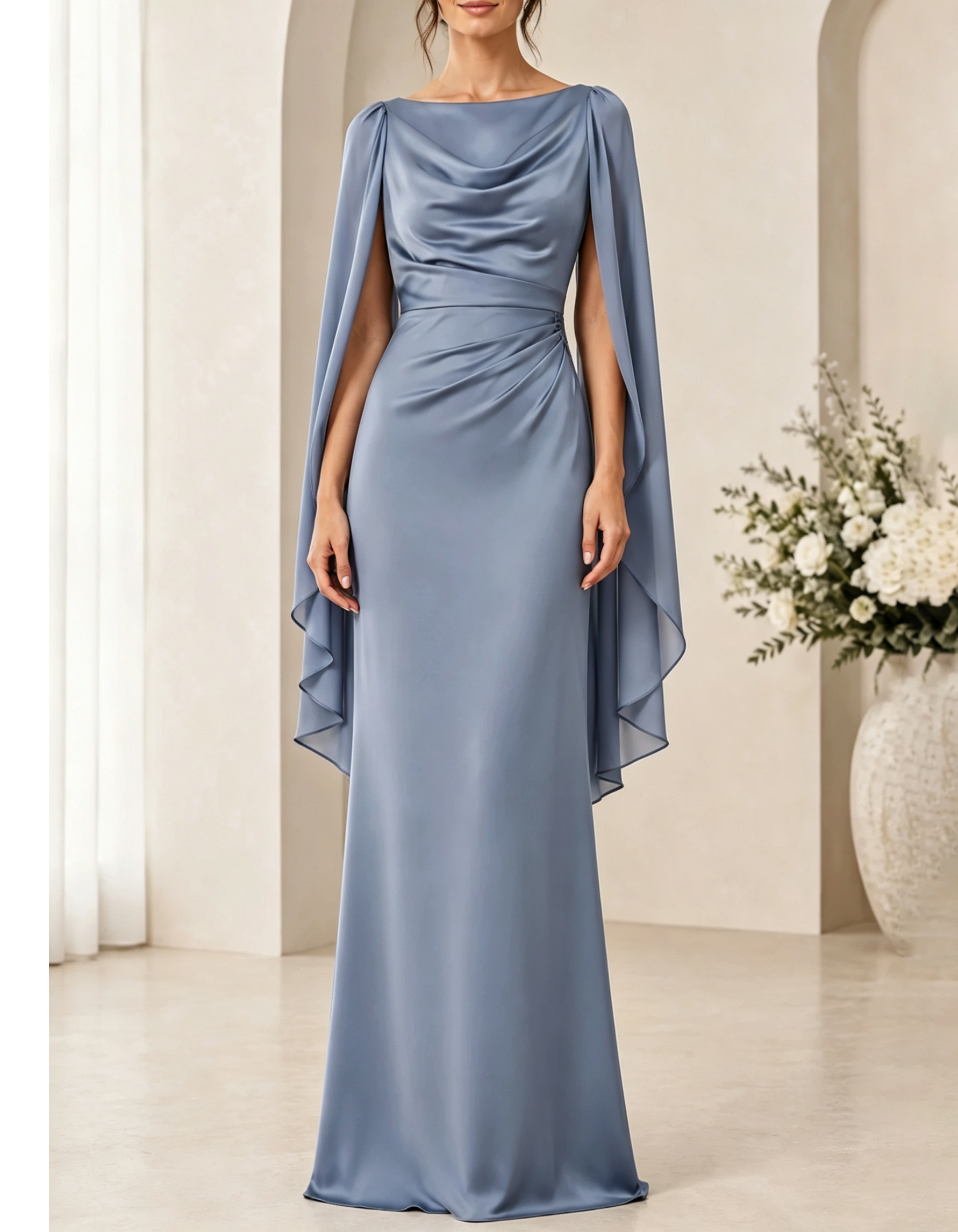 Abendliches Maxikleid in A-Linie aus Materialmix mit Rundhalsausschnitt, Pailletten und Taillengürtel