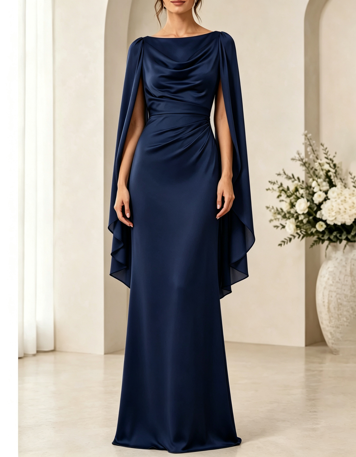 Abendliches Maxikleid in A-Linie aus Materialmix mit Rundhalsausschnitt, Pailletten und Taillengürtel