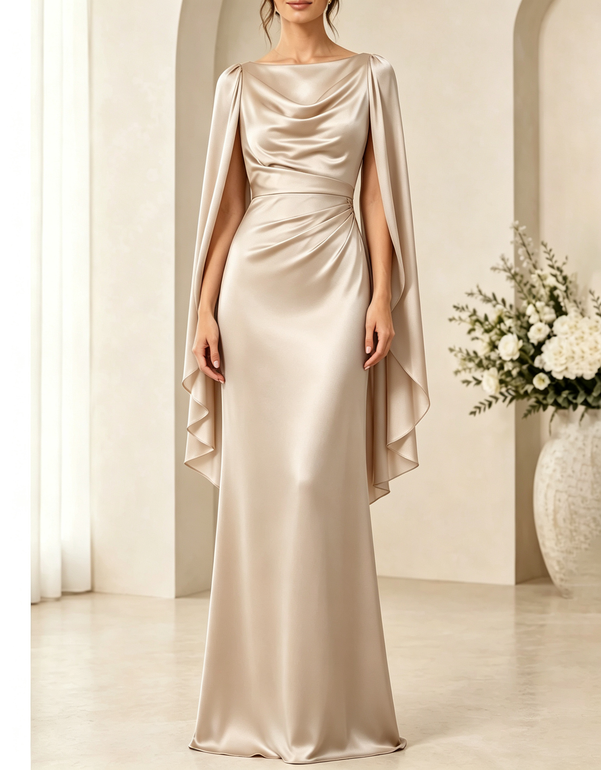 Abendliches Maxikleid in A-Linie aus Materialmix mit Rundhalsausschnitt, Pailletten und Taillengürtel