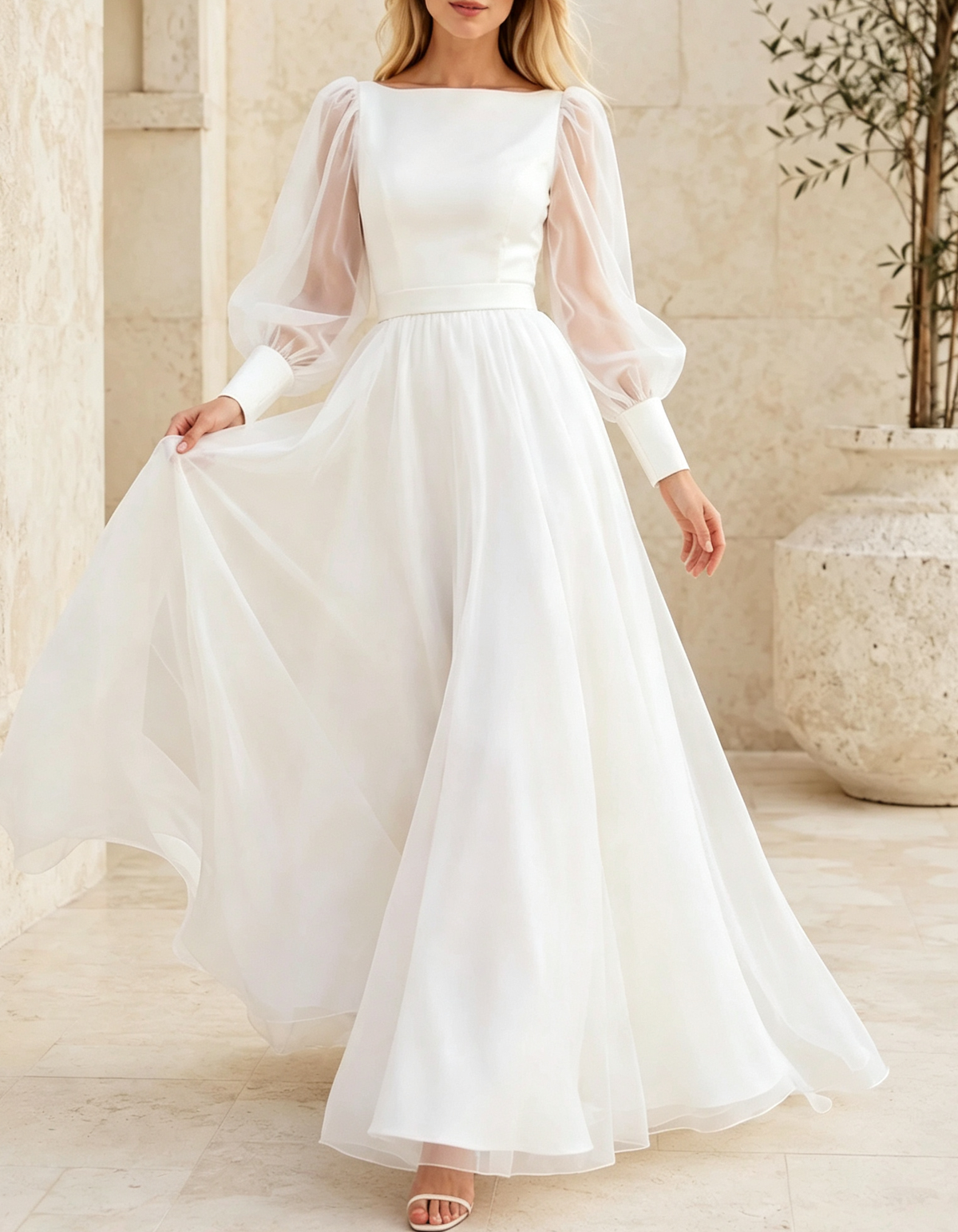Abendkleid in A-Linie und Maxilänge aus Satin und Chiffon mit U-Boot-Ausschnitt, transparenten Puffärmeln und langen Ärmeln