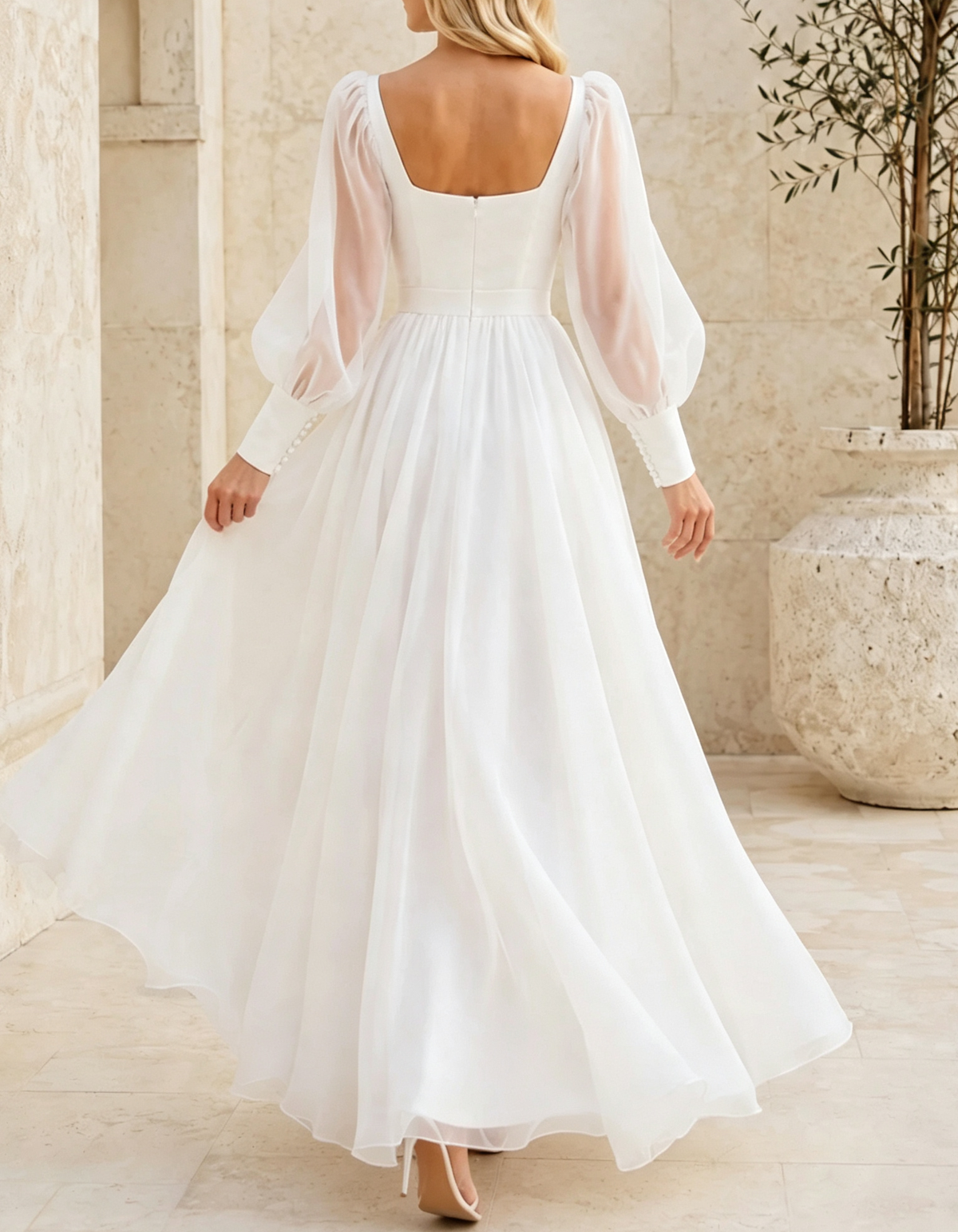 Abendkleid in A-Linie und Maxilänge aus Satin und Chiffon mit U-Boot-Ausschnitt, transparenten Puffärmeln und langen Ärmeln