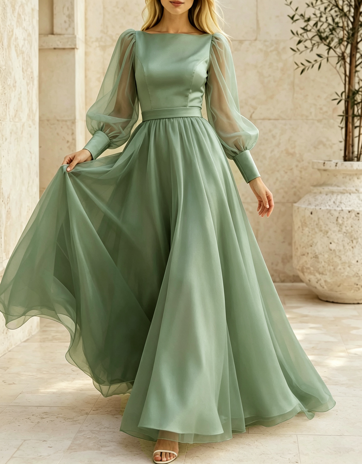 Rochie de seară maxi în linie A, din satin și șifon transparent, cu decolteu bărcuță și mâneci lungi bufante
