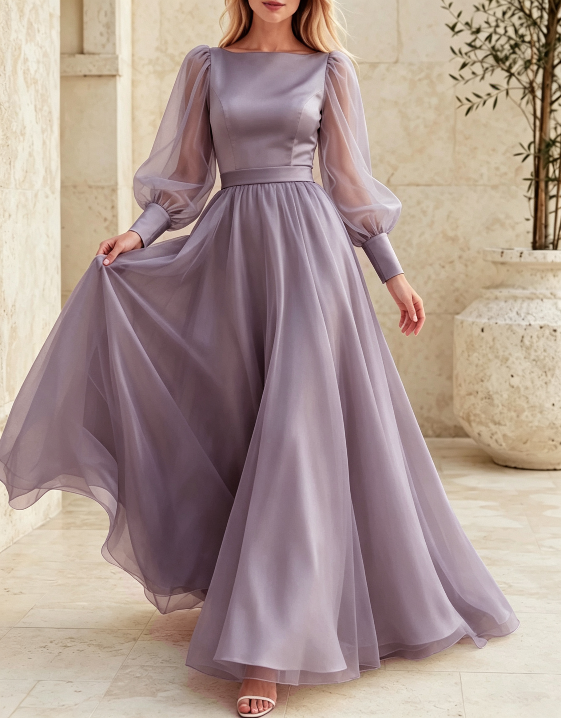 Rochie de seară maxi în linie A, din satin și șifon transparent, cu decolteu bărcuță și mâneci lungi bufante