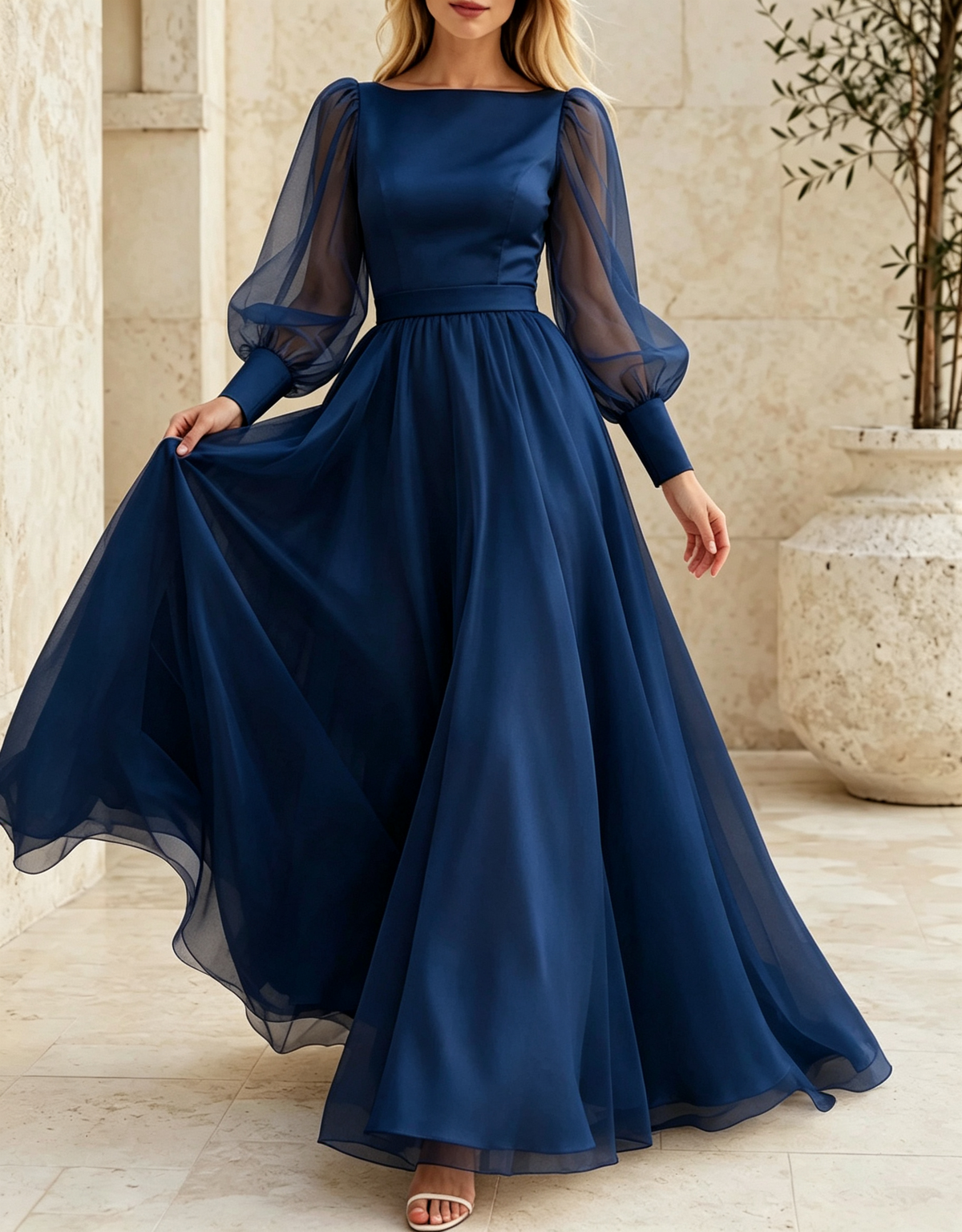 Abendkleid in A-Linie und Maxilänge aus Satin und Chiffon mit U-Boot-Ausschnitt, transparenten Puffärmeln und langen Ärmeln