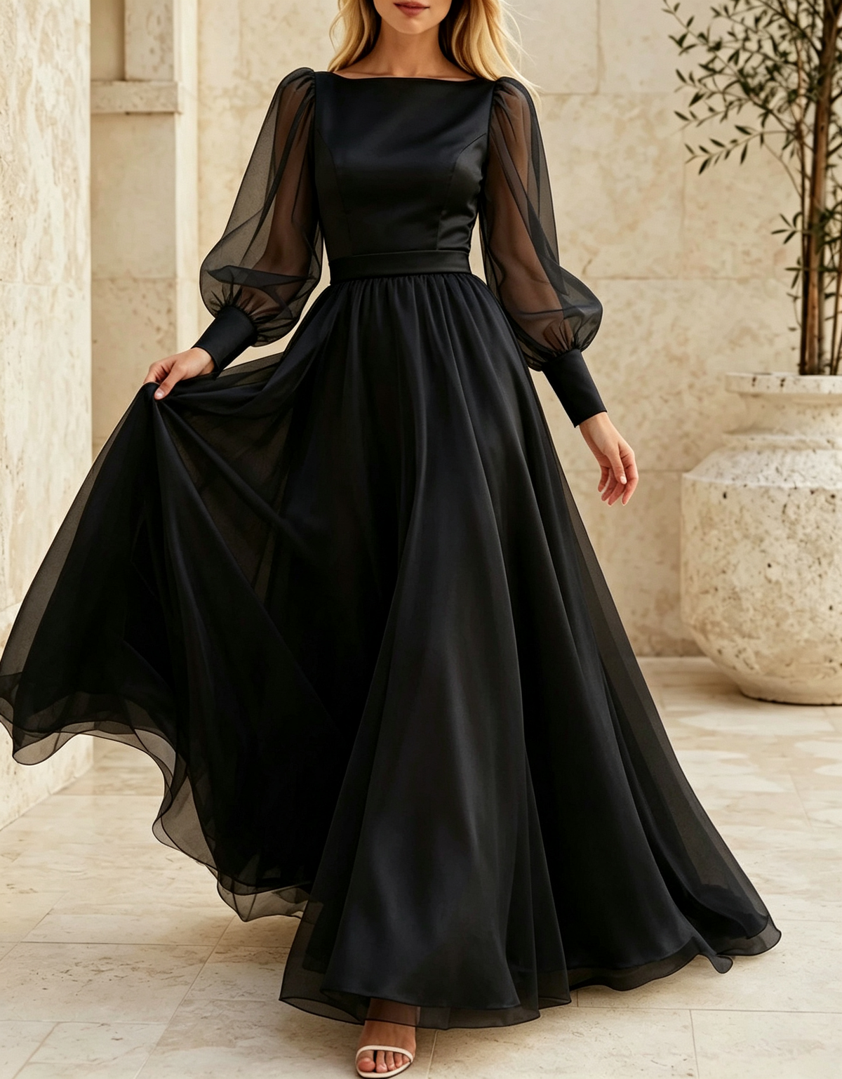 Abendkleid in A-Linie und Maxilänge aus Satin und Chiffon mit U-Boot-Ausschnitt, transparenten Puffärmeln und langen Ärmeln