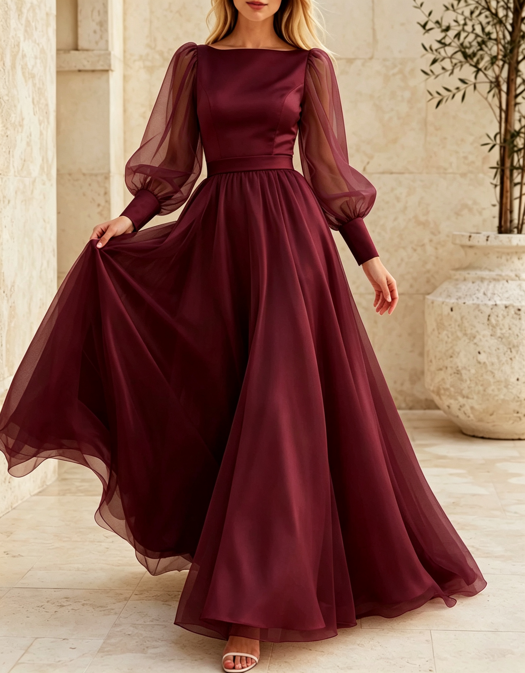 Abendkleid in A-Linie und Maxilänge aus Satin und Chiffon mit U-Boot-Ausschnitt, transparenten Puffärmeln und langen Ärmeln