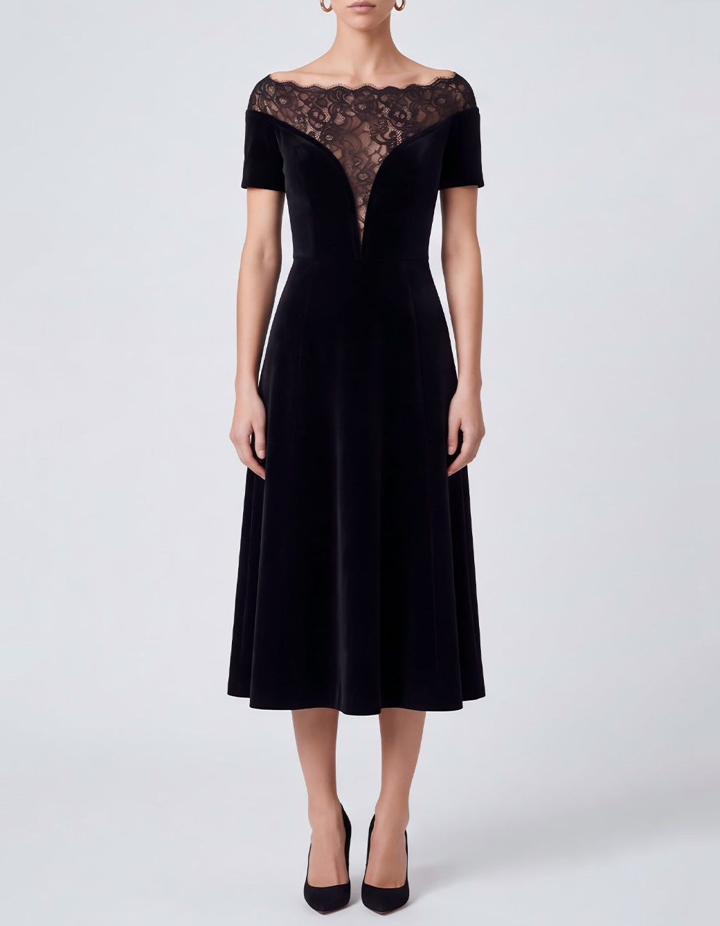 Schulterfreies Spitzen-Samt-Midi-Abendkleid