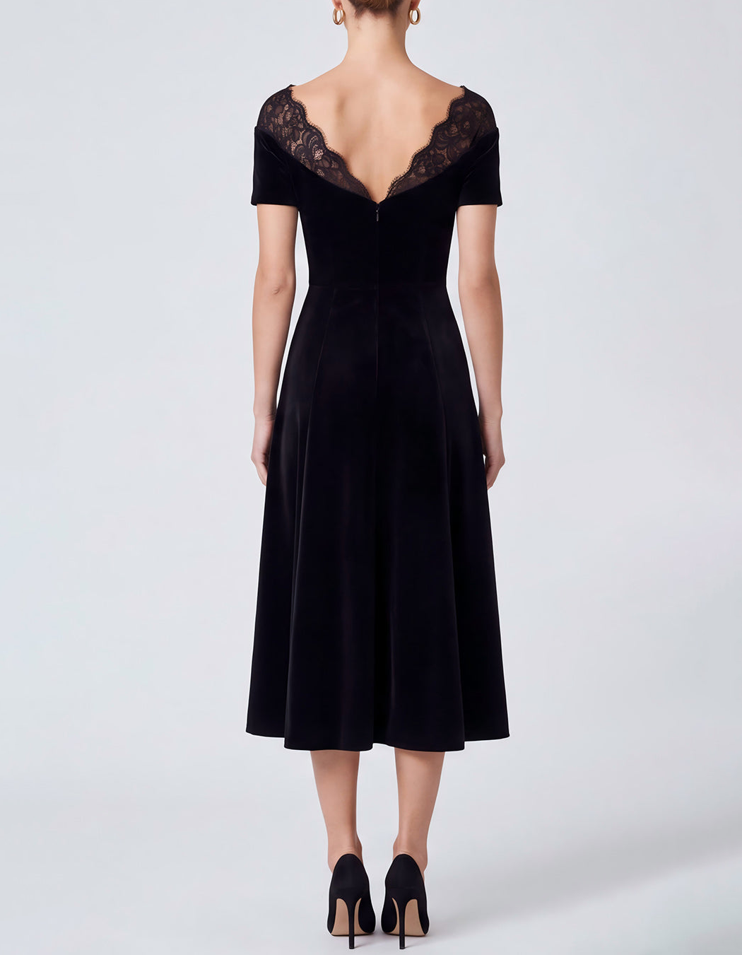 Schulterfreies Spitzen-Samt-Midi-Abendkleid