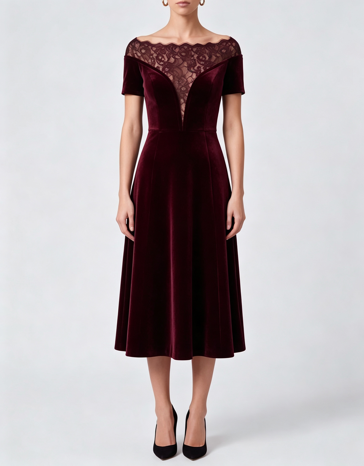 Schulterfreies Spitzen-Samt-Midi-Abendkleid
