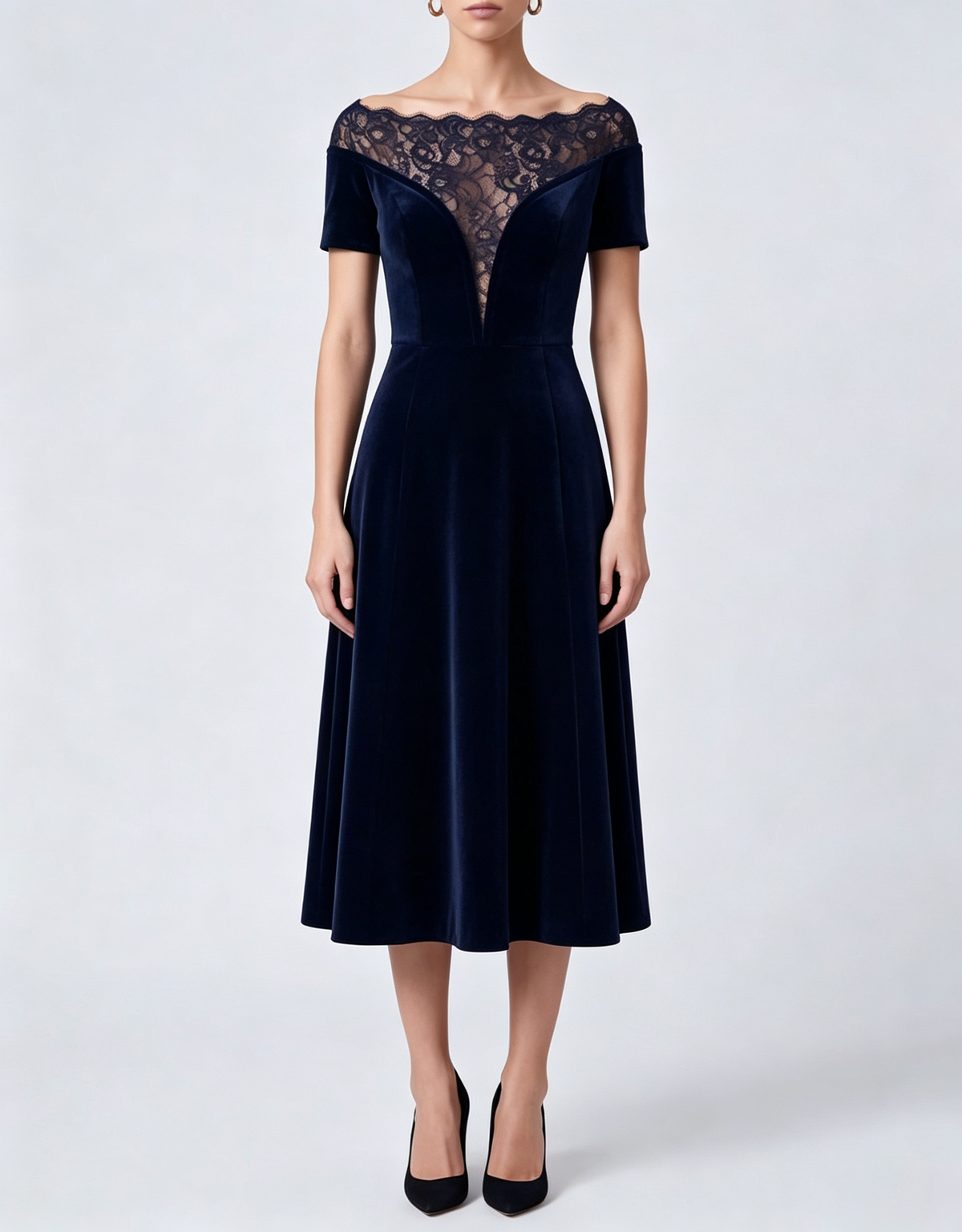 Off‑the‑Shoulder Lace Velvet Midi Evening Dress