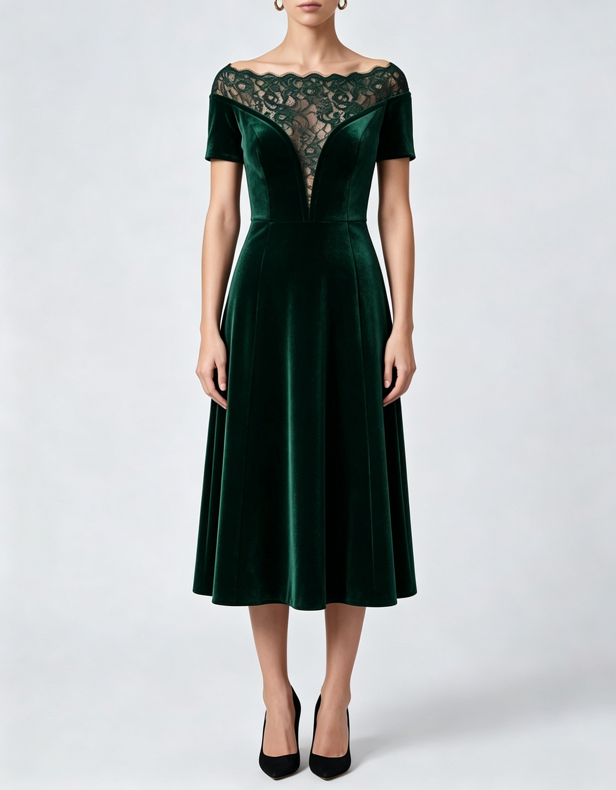 Off‑the‑Shoulder Lace Velvet Midi Evening Dress