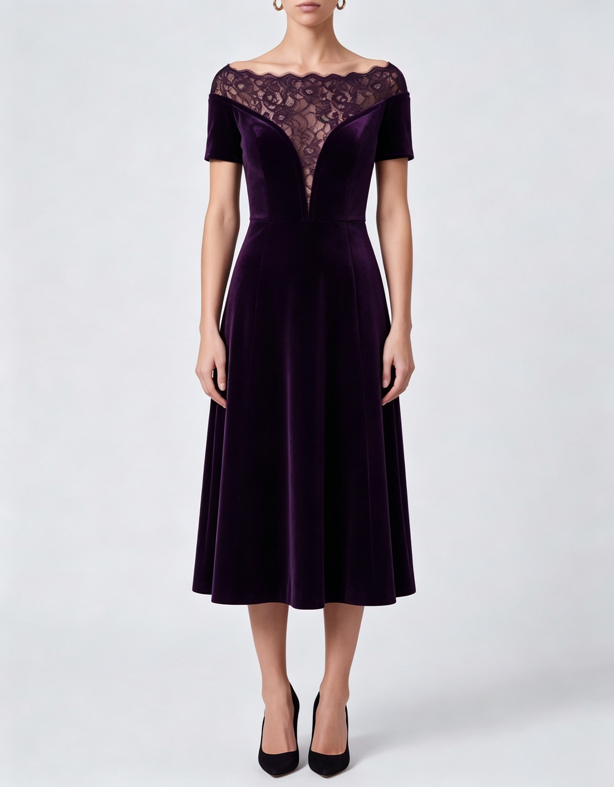 Off‑the‑Shoulder Lace Velvet Midi Evening Dress