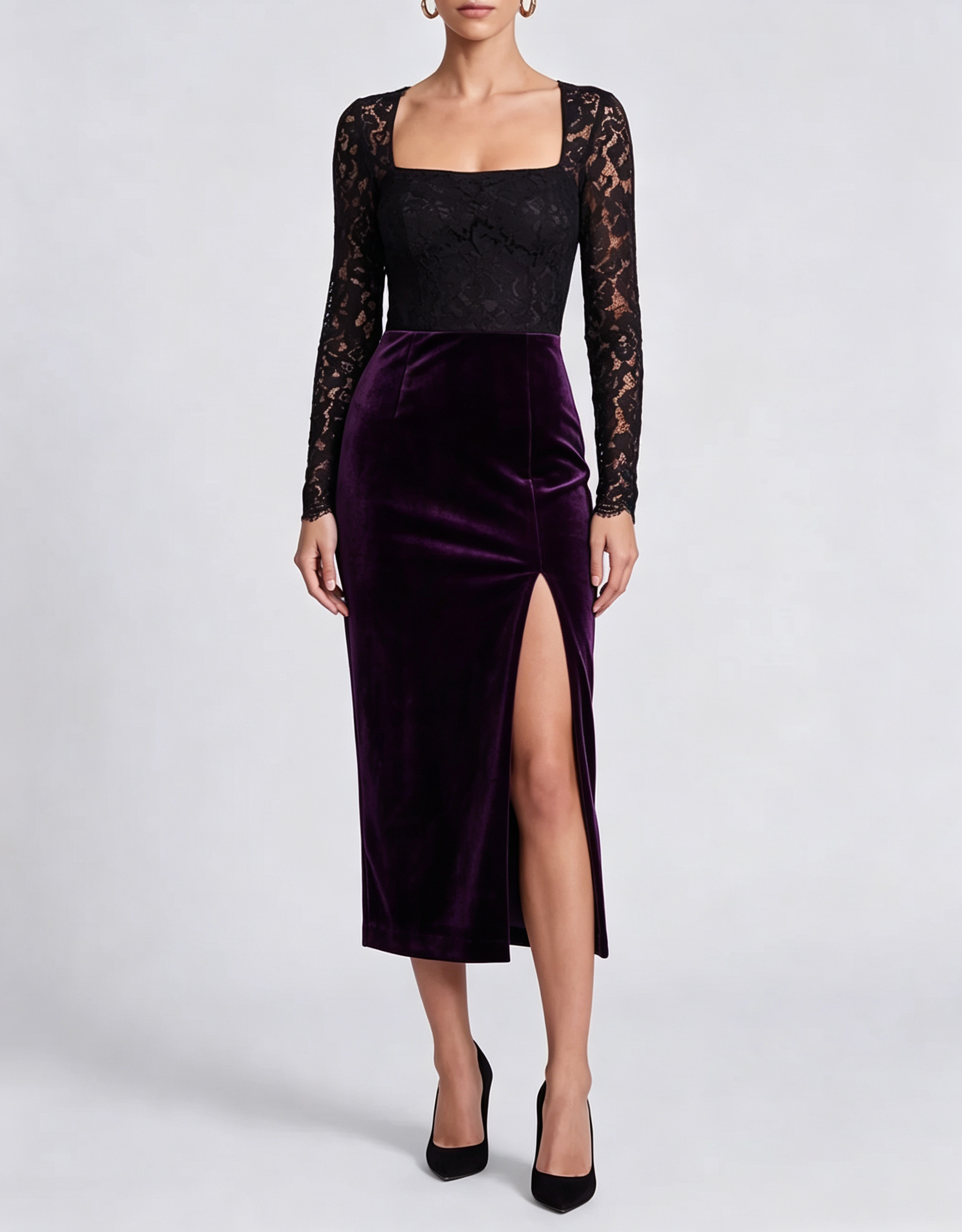 Square Neck Lace Long Sleeve Velvet Slit Midi Evening Dress