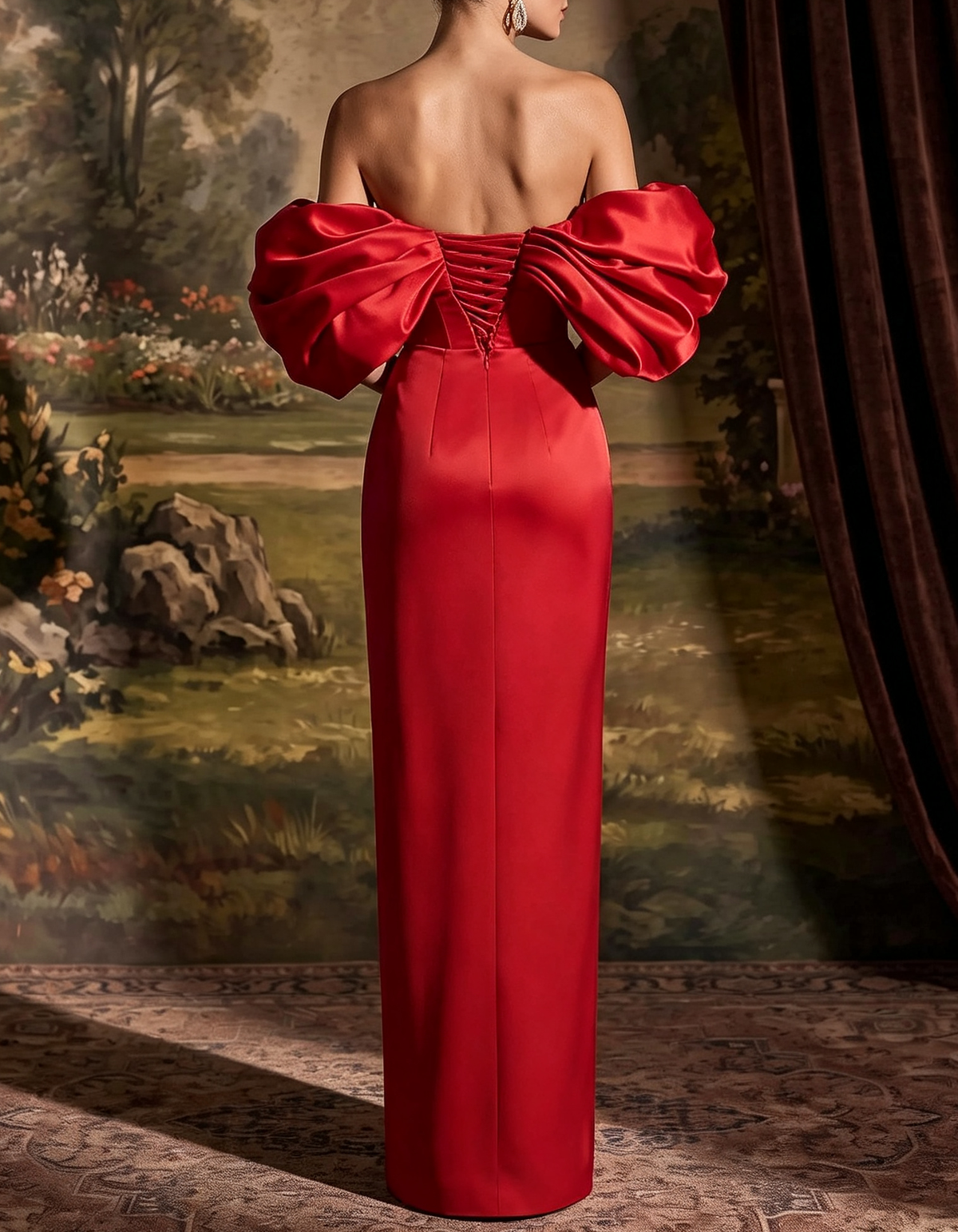 Rochie de seară maxi, tip coloană, din satin, cu mâneci bufante spectaculoase și umerii goi