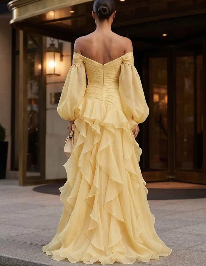 Off The Shoulder Puff Sleeve Chiffon High Slit Maxi Dress