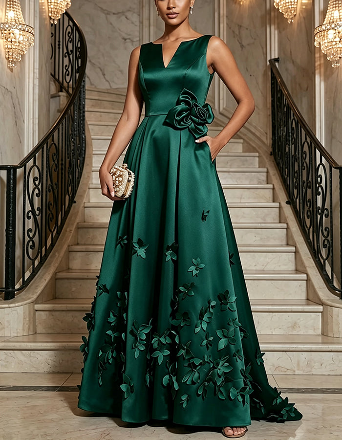 Sleeveless V Neck Satin 3D Floral Appliques A Line Maxi Dress