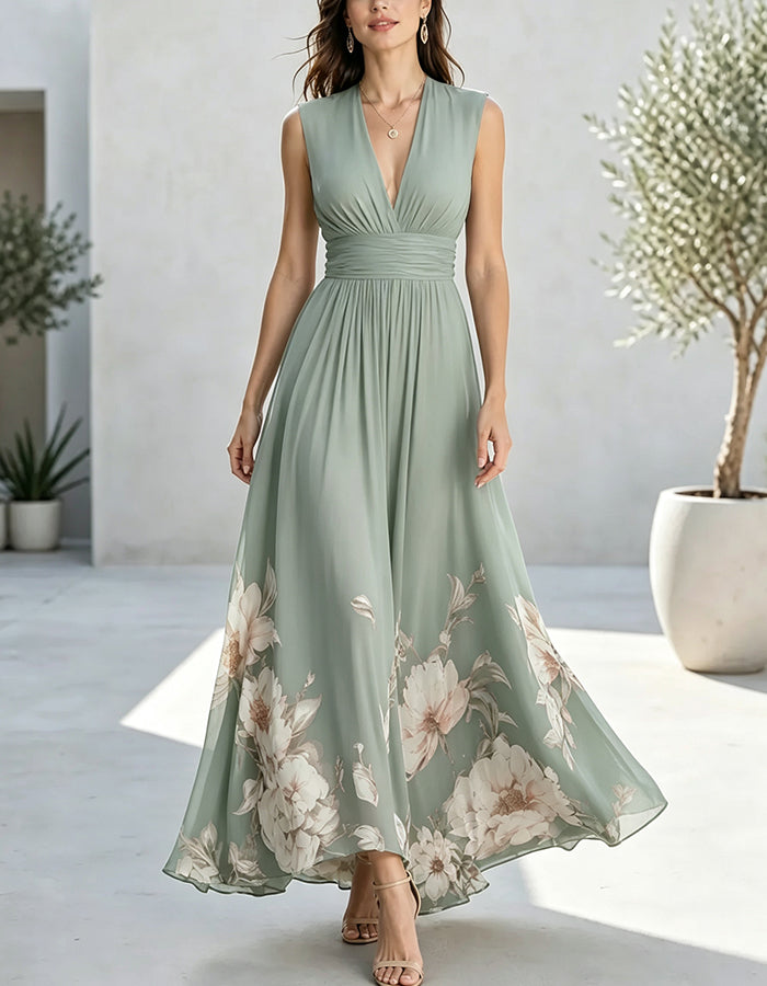 Deep V Neck Ruched Waist Floral Print Chiffon Maxi Dress