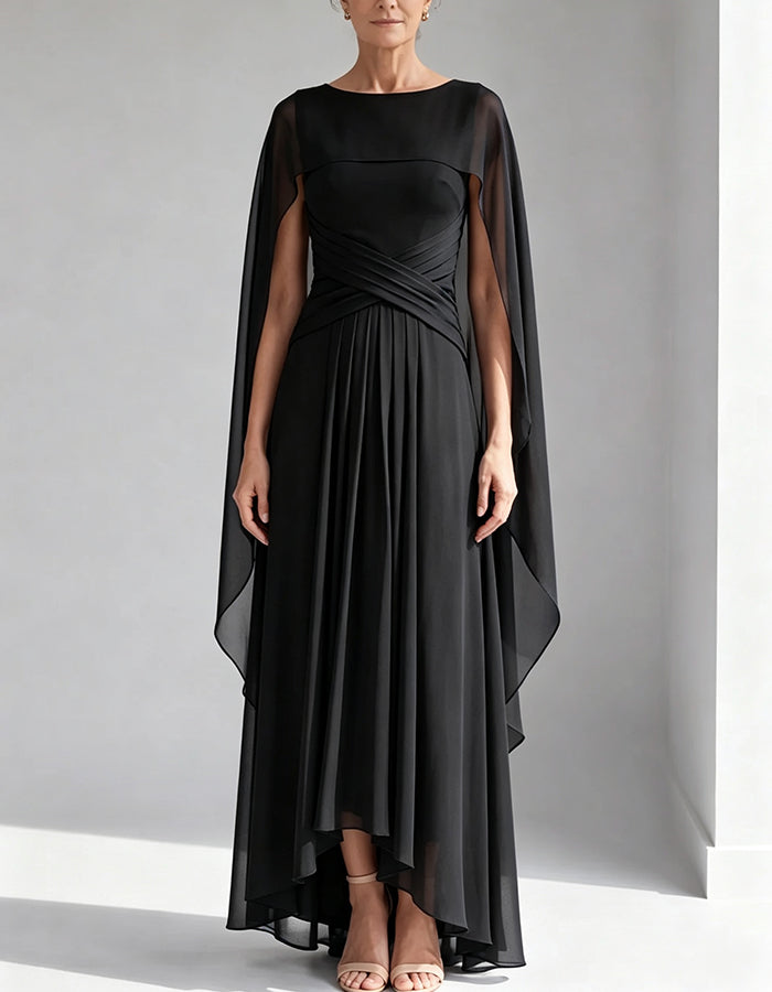 Boat Neck Chiffon Cape Sleeve Cross Ruched Waist Hi‑Lo Maxi Dress