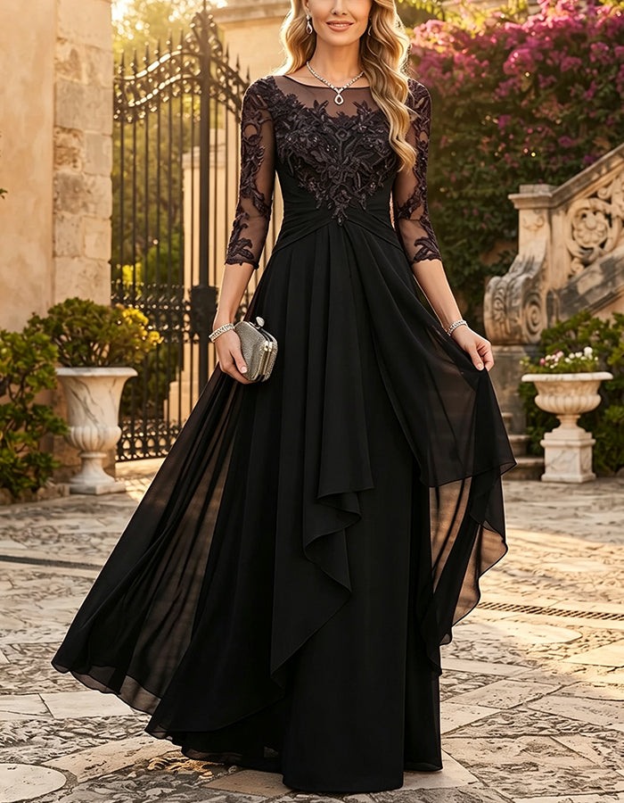 Vestido maxi de chiffon com decote ilusão, mangas de renda 3/4 e folhos em cascata