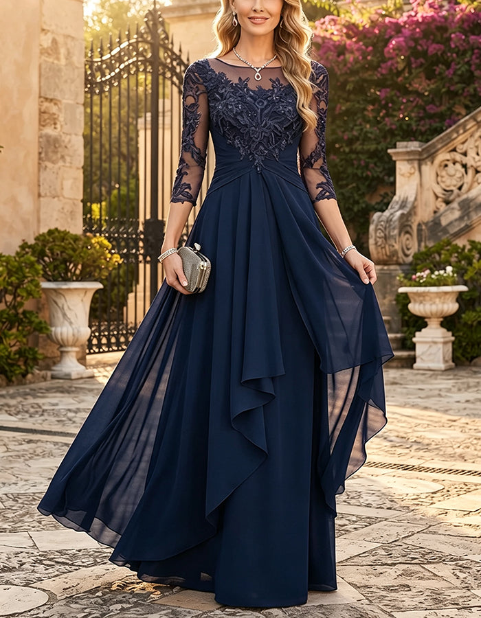 Vestido maxi de chiffon com decote ilusão, mangas de renda 3/4 e folhos em cascata