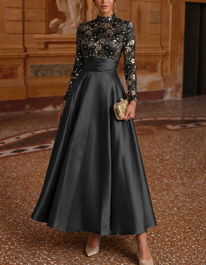 Satin High Neck Long Sleeve Sequin Lace Maxi Dress